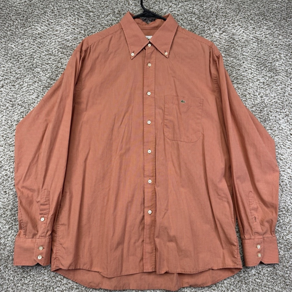Lacoste Shirt Men's Size 44 XL Orange Check Long Sleeve Button Up 100% Cotton